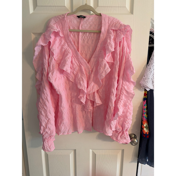 Chicme, User: None Tops - Chicme, User: None ChicMe Pink Ruffled Long Sleeve Button-Down Top XXL